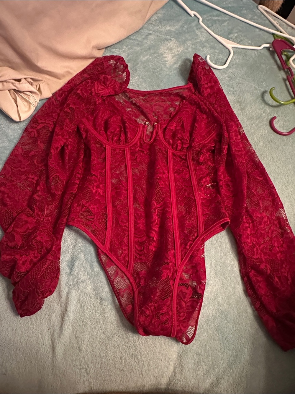 SHEIN Red Lace Long Sleeve Bodysuit